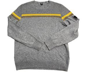 Helly Hansen Gray Yellow Striped Rib-Knit Crewneck Wool Sweater Men M